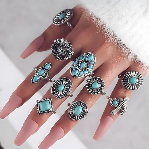 Turquoise Ring Set for Women Silver Western Stackable Knuckle Rings in Saudi Arabia