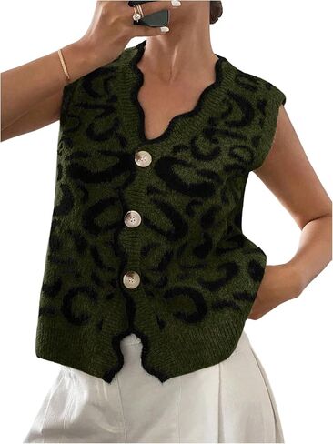 Wdirara Women’s Leopard Print Button لأسفل سترة سترة V الرقبة بلا أكمام كارديجان أسقلوب قمم متماسكة in Kuwait