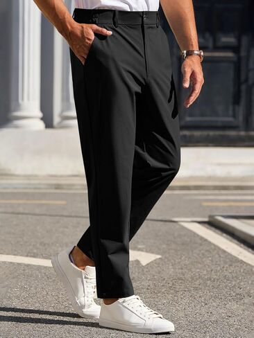 Mens Stretch Golf Pants Casual Slim Fit Dress Pants Elastic Waist Work Tapered Cropped Trousers Black in Saudi Arabia