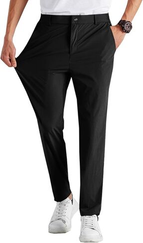 Mens Stretch Golf Pants Casual Slim Fit Dress Pants Elastic Waist Work Tapered Cropped Trousers Black in Saudi Arabia