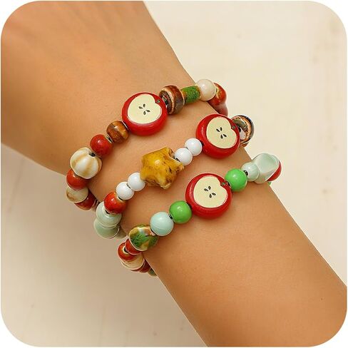 3Pcs Fruit Ceramic Bracelet for Women Cute Red Green Multicolour Beads Bracelet Stackable Stretchy Beaded Multilayer Friendship Bracelets Boho Fruit Jewelry Accessories in Saudi Arabia