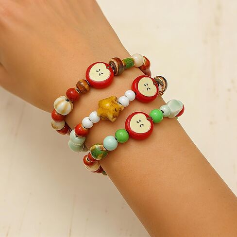 3Pcs Fruit Ceramic Bracelet for Women Cute Red Green Multicolour Beads Bracelet Stackable Stretchy Beaded Multilayer Friendship Bracelets Boho Fruit Jewelry Accessories in Saudi Arabia