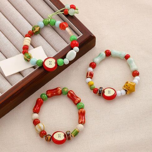 3Pcs Fruit Ceramic Bracelet for Women Cute Red Green Multicolour Beads Bracelet Stackable Stretchy Beaded Multilayer Friendship Bracelets Boho Fruit Jewelry Accessories in Saudi Arabia