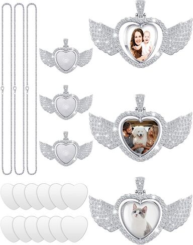 Junkin 24 Pcs Sublimation Rhinestone Trays Pendant Set, Including 6 Double Sided Blank Rhinestone Bezel Trays, 6 Pcs Thick Chains with 12 Sublimation Discs for Making (Round Style) in Saudi Arabia