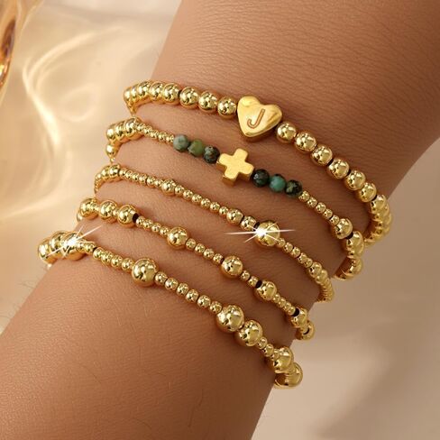 Gold Ball Initial Beaded Bracelet Stack for Women, Dainty Heart Letter Word Stretch Stackable Bracelets Set Fashion Holiday Accessories Jewelry Gift Friendship in Saudi Arabia