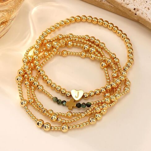 Gold Ball Initial Beaded Bracelet Stack for Women, Dainty Heart Letter Word Stretch Stackable Bracelets Set Fashion Holiday Accessories Jewelry Gift Friendship in Saudi Arabia