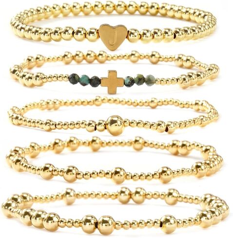 Gold Ball Initial Beaded Bracelet Stack for Women, Dainty Heart Letter Word Stretch Stackable Bracelets Set Fashion Holiday Accessories Jewelry Gift Friendship in Saudi Arabia