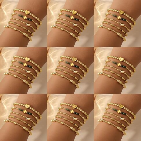 Gold Ball Initial Beaded Bracelet Stack for Women, Dainty Heart Letter Word Stretch Stackable Bracelets Set Fashion Holiday Accessories Jewelry Gift Friendship in Saudi Arabia