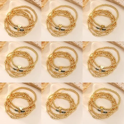 Gold Ball Initial Beaded Bracelet Stack for Women, Dainty Heart Letter Word Stretch Stackable Bracelets Set Fashion Holiday Accessories Jewelry Gift Friendship in Saudi Arabia