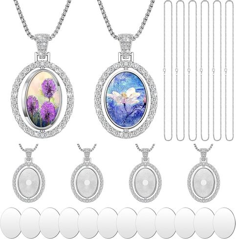 Junkin 24 Pcs Sublimation Rhinestone Trays Pendant Set, Including 6 Double Sided Blank Rhinestone Bezel Trays, 6 Pcs Thick Chains with 12 Sublimation Discs for Making (Round Style) in Saudi Arabia