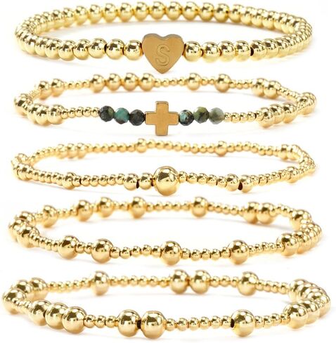 Gold Ball Initial Beaded Bracelet Stack for Women, Dainty Heart Letter Word Stretch Stackable Bracelets Set Fashion Holiday Accessories Jewelry Gift Friendship in Saudi Arabia