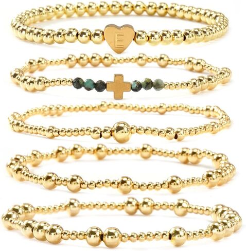 Gold Ball Initial Beaded Bracelet Stack for Women, Dainty Heart Letter Word Stretch Stackable Bracelets Set Fashion Holiday Accessories Jewelry Gift Friendship in Saudi Arabia