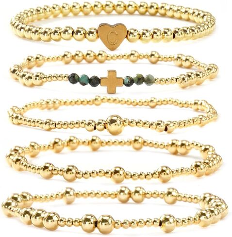 Gold Ball Initial Beaded Bracelet Stack for Women, Dainty Heart Letter Word Stretch Stackable Bracelets Set Fashion Holiday Accessories Jewelry Gift Friendship in Saudi Arabia