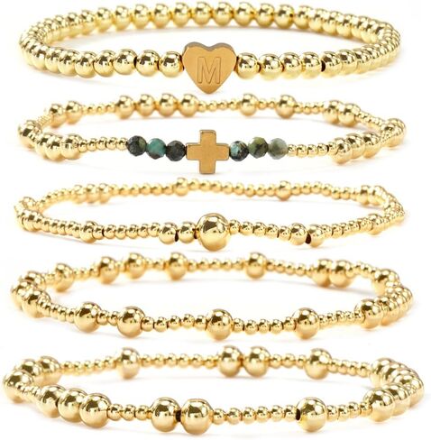 Gold Ball Initial Beaded Bracelet Stack for Women, Dainty Heart Letter Word Stretch Stackable Bracelets Set Fashion Holiday Accessories Jewelry Gift Friendship in Saudi Arabia