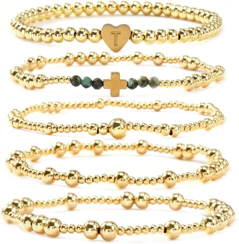 Gold Ball Initial Beaded Bracelet Stack for Women, Dainty Heart Letter Word Stretch Stackable Bracelets Set Fashion Holiday Accessories Jewelry Gift Friendship in Saudi Arabia