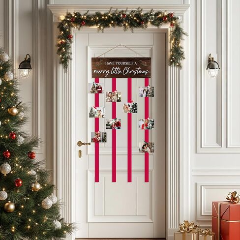 Christmas Card Holder Display, Wooden Xmas Hanging Picture Holder with 30 Photo Clips, Merry Little Card Display Farmhouse Wall Door (Brown) in Saudi Arabia