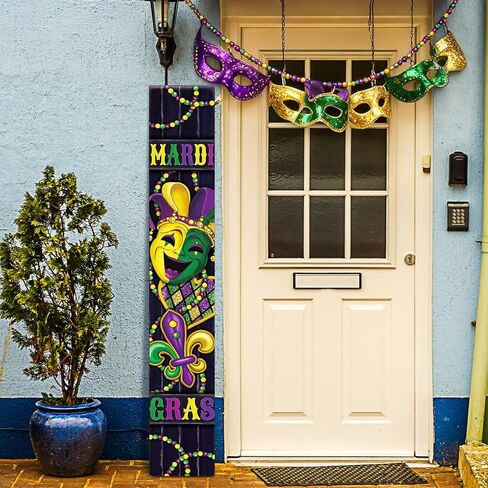 47" Large Mardi Gras Porch Sign Carnival Welcome Sign Mask Wooden Tall Carnival Porch Decor Rustic Farmhouse Front Door Decor for Mardi Gras Party Holiday Outdoor Home Yard Entryway Gift in Saudi Arabia