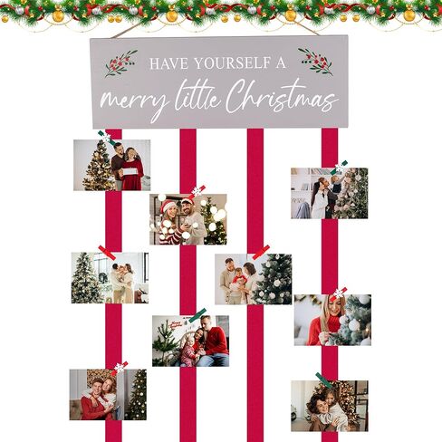 Christmas Card Holder Display, Wooden Xmas Hanging Picture Holder with 30 Photo Clips, Merry Little Card Display Farmhouse Wall Door (Brown) in Saudi Arabia