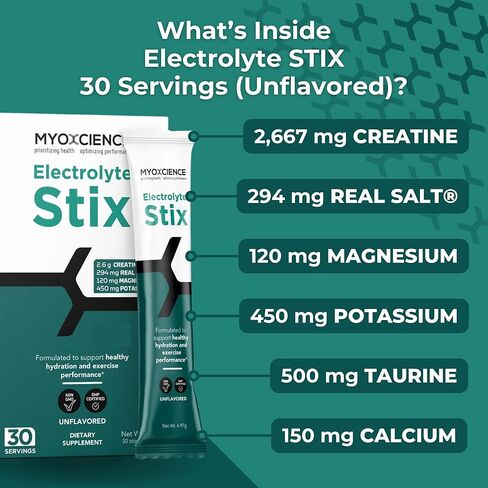 MYOXCIENCE Electrolyte STIX | Creatine Electrolyte Powder | Recovery from Exercise & Muscle Development w/Real Salt (Unflavored) (Stix 30 ct) in Kuwait