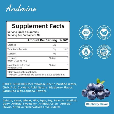 L ليسين + علكة مونولورين 1000 مجم، مع تريهالوز، لدعم المناعة وصحة الفم، للبالغين والأطفال، نباتي، غير معدل وراثيًا، خالي من الغلوتين، نكهة التوت الأزرق، 60 in Kuwait