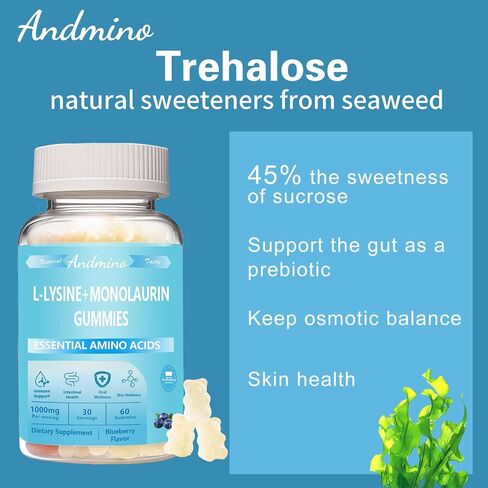 L ليسين + علكة مونولورين 1000 مجم، مع تريهالوز، لدعم المناعة وصحة الفم، للبالغين والأطفال، نباتي، غير معدل وراثيًا، خالي من الغلوتين، نكهة التوت الأزرق، 60 in Kuwait