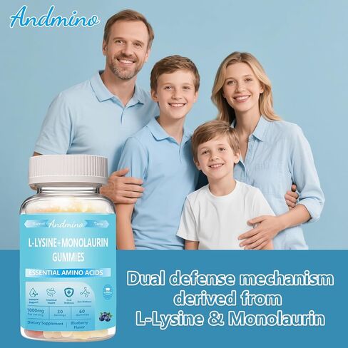 L ليسين + علكة مونولورين 1000 مجم، مع تريهالوز، لدعم المناعة وصحة الفم، للبالغين والأطفال، نباتي، غير معدل وراثيًا، خالي من الغلوتين، نكهة التوت الأزرق، 60 in Kuwait