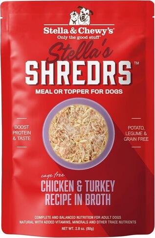 Stella & Chewy's Stella’s Shredrs Cage Free Chicken & Salmon Recipe in Broth, 2.8 oz. Pouches (Pack of 12) in Kuwait