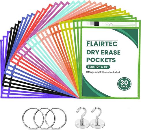 FLAIRTEC Job Ticket Holders 8.5x11 (30 Pack) | Reusable Dry Erase Pockets Black with Metal Rings & Hooks | Durable Clear Shop Sleeves for Work Order | Perfect for Classrooms, Offices & Industrial Use in Saudi Arabia