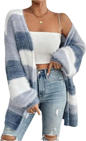 Milumia Women's Colorblock Fuzzy Long Cardigan Open Front Long Sleeve Knit Sweaters with Pockets in Saudi Arabia