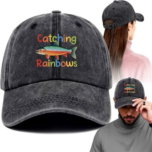 Catching Rainbows Trout Funny Printed Cotton Baseball Cap Adjustable Retro Washed Lightweight and Breathable Sun Hat, Retirement Birthday Gifts for Fishing Lover Grandpa Dad Husband Fisherman Brother in Saudi Arabia