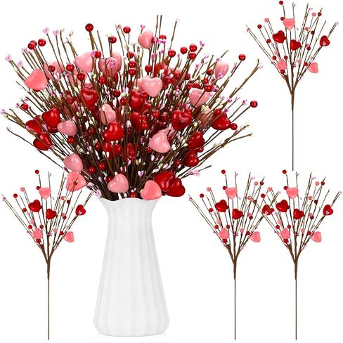 Crowye 12 Pcs Valentine's Day Artificial Flower Stems Valentines Red Berry Heart Floral Picks Spray Branches for Flower Arrangements Vase Filler for Mother's Day Wedding Gifts Home(Red, Pink) in Saudi Arabia