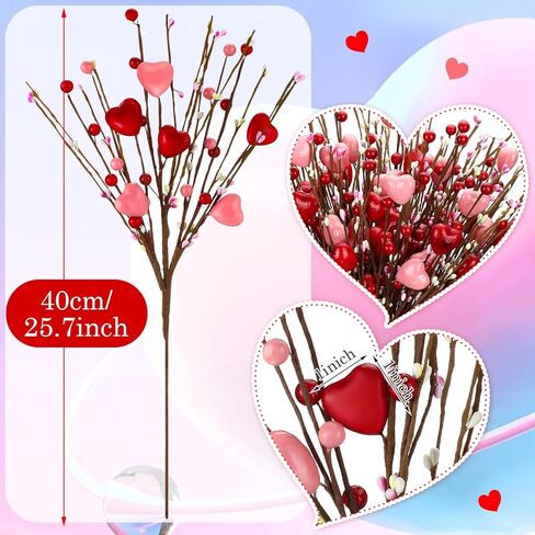 Crowye 12 Pcs Valentine's Day Artificial Flower Stems Valentines Red Berry Heart Floral Picks Spray Branches for Flower Arrangements Vase Filler for Mother's Day Wedding Gifts Home(Red, Pink) in Saudi Arabia