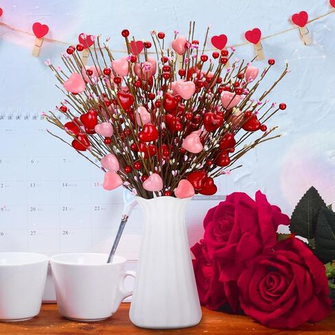 Crowye 12 Pcs Valentine's Day Artificial Flower Stems Valentines Red Berry Heart Floral Picks Spray Branches for Flower Arrangements Vase Filler for Mother's Day Wedding Gifts Home(Red, Pink) in Saudi Arabia