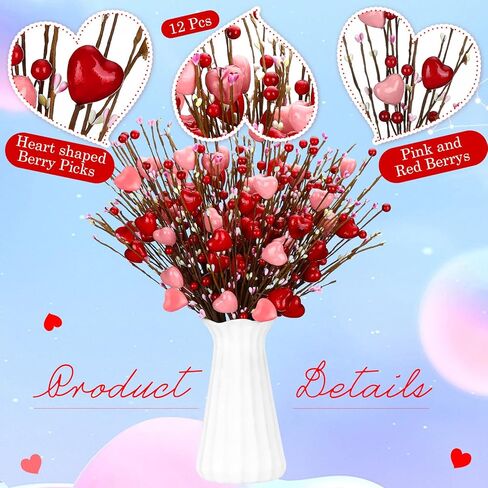 Crowye 12 Pcs Valentine's Day Artificial Flower Stems Valentines Red Berry Heart Floral Picks Spray Branches for Flower Arrangements Vase Filler for Mother's Day Wedding Gifts Home(Red, Pink) in Saudi Arabia