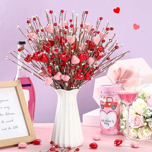 Crowye 12 Pcs Valentine's Day Artificial Flower Stems Valentines Red Berry Heart Floral Picks Spray Branches for Flower Arrangements Vase Filler for Mother's Day Wedding Gifts Home(Red, Pink) in Saudi Arabia