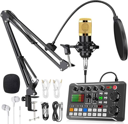 Podcast Equipment Bundle with Audio Interface,F998 Voice Changer, Condenser Karaoke Microphone, Mic Stand and Mic Pop Filter,Streaming Podcast Mic Starter Kit DJ Audio Mixer for Podcast and Live in Saudi Arabia
