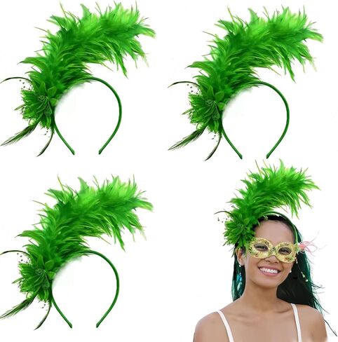 3 PCS Mardi Gras 1920s Feathers Fascinator Beadband for Women Girls ، 50s Prom Queen Headpiece Mardi Gras Associory Party Supplies Supplies Supplies in Kuwait