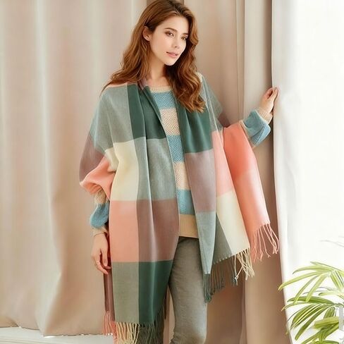 Winter Scarf for Women Color-Blocked Plaid with Fringe Trim, Warm Big Tartan Blanket Wrap Shawl Ladies Gifts, Wrap for Daily Outings Cafe and Commute in Saudi Arabia