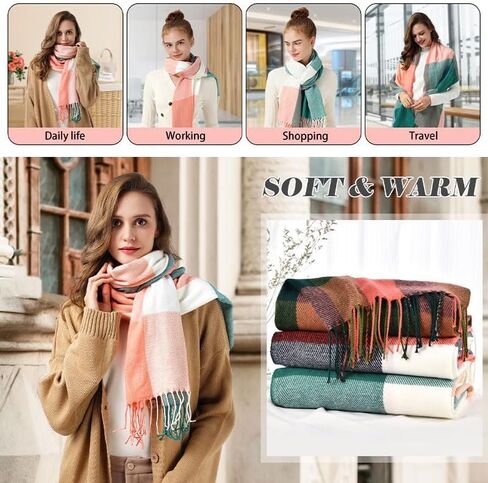 Winter Scarf for Women Color-Blocked Plaid with Fringe Trim, Warm Big Tartan Blanket Wrap Shawl Ladies Gifts, Wrap for Daily Outings Cafe and Commute in Saudi Arabia