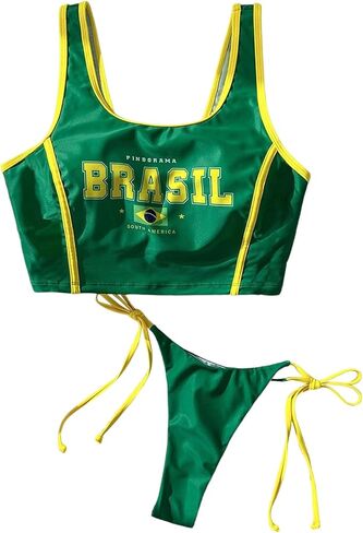 Verdusa Women's 2 Piece Brazil Flag Bikini Set Micro Crop Tank Tops with Thong Bathing Suits in Saudi Arabia