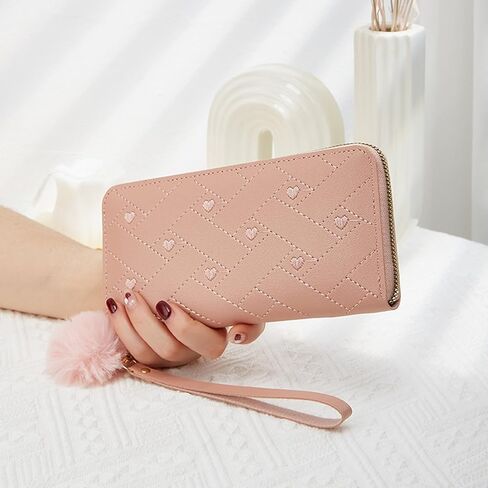 Womens Wallet Large Wristlet Wallet with Removable Wrist Strap and Zipper, Clutch Purse Fashion Womens Purses Multi Card Slot with 8 Credit Card Slots and Coin Pocket (Pink Heart) in Saudi Arabia