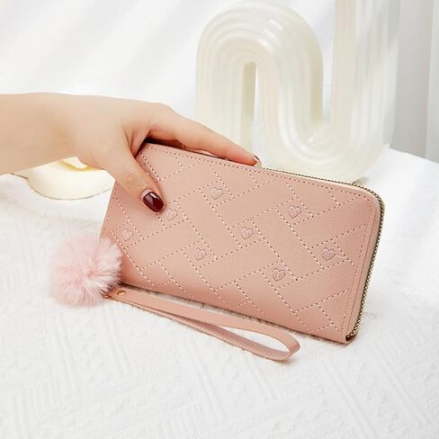 Womens Wallet Large Wristlet Wallet with Removable Wrist Strap and Zipper, Clutch Purse Fashion Womens Purses Multi Card Slot with 8 Credit Card Slots and Coin Pocket (Pink Heart) in Saudi Arabia