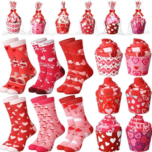 6 Pairs Valentine's Day Cupcake Socks Gifts Heart Socks for Women Heart Print Crew Socks Novelty Socks in Saudi Arabia