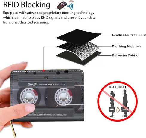 محافظ حامل بطاقات الائتمان للنساء، محفظة صغيرة RFID حافظة جلدية رفيعة لتنظيم البطاقات مع سحاب، كاسيت موسيقى ريترو in Kuwait