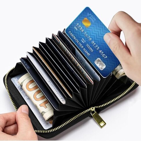 محافظ حامل بطاقات الائتمان للنساء، محفظة صغيرة RFID حافظة جلدية رفيعة لتنظيم البطاقات مع سحاب، كاسيت موسيقى ريترو in Kuwait