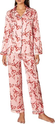 Bow Pajamas for Women Long Sleeve Button Down Shirt Wide Leg Pants Holiday Cute 2 Piece Silk Sleepwear Sets in Kuwait