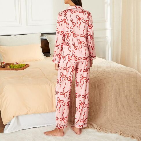 Bow Pajamas for Women Long Sleeve Button Down Shirt Wide Leg Pants Holiday Cute 2 Piece Silk Sleepwear Sets in Saudi Arabia