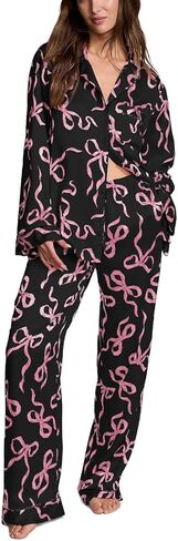 Bow Pajamas for Women Long Sleeve Button Down Shirt Wide Leg Pants Holiday Cute 2 Piece Silk Sleepwear Sets in Saudi Arabia
