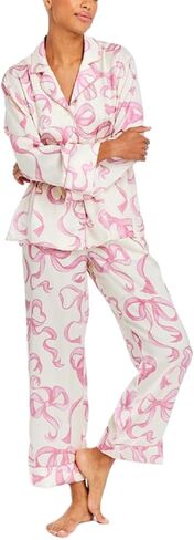 Bow Pajamas for Women Long Sleeve Button Down Shirt Wide Leg Pants Holiday Cute 2 Piece Silk Sleepwear Sets in Saudi Arabia