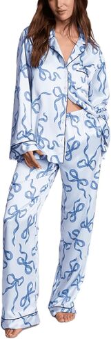 Bow Pajamas for Women Long Sleeve Button Down Shirt Wide Leg Pants Holiday Cute 2 Piece Silk Sleepwear Sets in Saudi Arabia